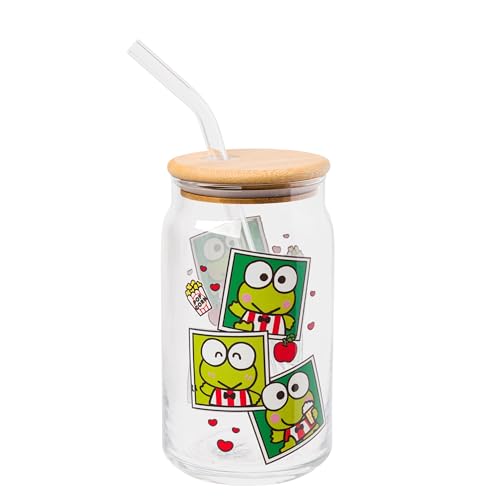 Silver Buffalo Sanrio Hello Kitty & Friends Keroppi Polaroids Glass Jar Tumbler with Bamboo Lid and Glass Straw, 16 oz
