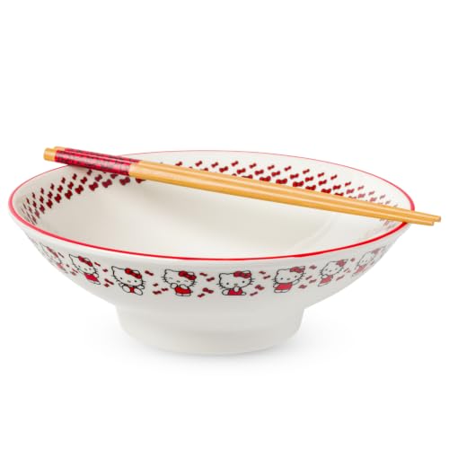 Silver Buffalo Hello Kitty Red Stripes and Bows Ceramic Ramen Bowl with Chopsticks, 30 oz
