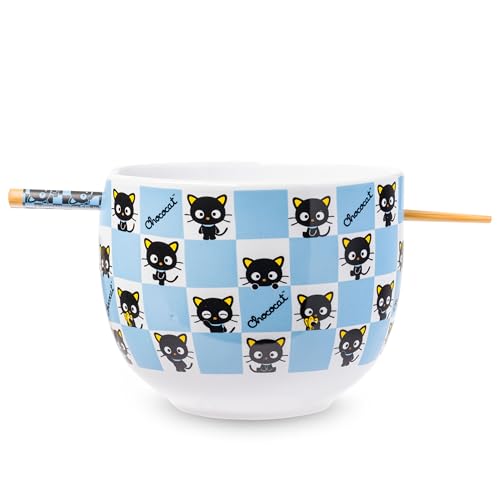 Silver Buffalo Hello Kitty and Friends Chococat Checkered Pattern Ceramic Ramen Bowl with Chopsticks, 20 oz