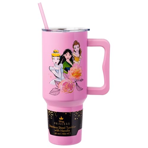 Silver Buffalo Disney Princess Floral Sparkles Stainless Steel Tumbler w Handle, 40 oz