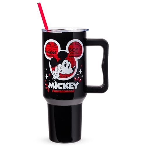 Silver Buffalo Disney Mickey Mouse #CurrentMood Stainless Steel Tumbler with Handle & Straw, 40 oz