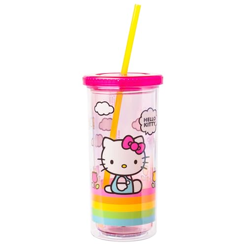 Silver Buffalo Sanrio Hello Kitty Spring and Summer Flowers Rainbow Stripes Plastic Cold Cup with Lid and Straw, 20 oz