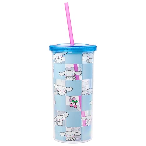 Silver Buffalo Sanrio Hello Kitty & Friends Cinnamoroll Cherry Blue Checkered Plastic Cold Cup with Lid and Straw, 20 oz