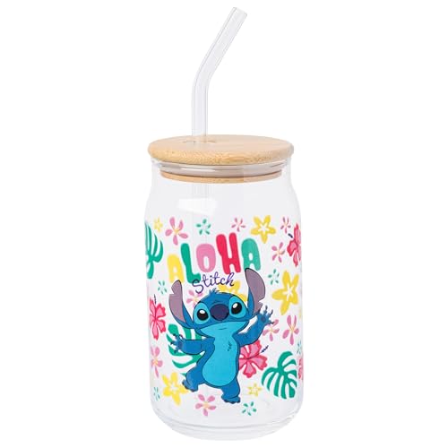 Silver Buffalo Disney Lilo & Stitch “Aloha” Tropical Hawaiian Glass Jar Tumbler with Bamboo Lid and Glass Straw, 16 oz