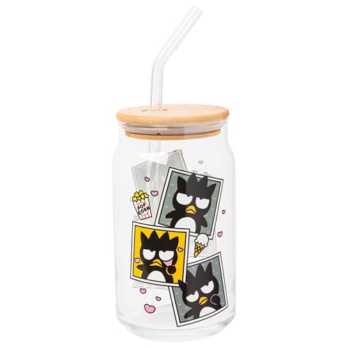 Silver Buffalo Sanrio Badtz-Maru Polaroids Glass Tumbler with Bamboo Lid & Straw, 16 oz