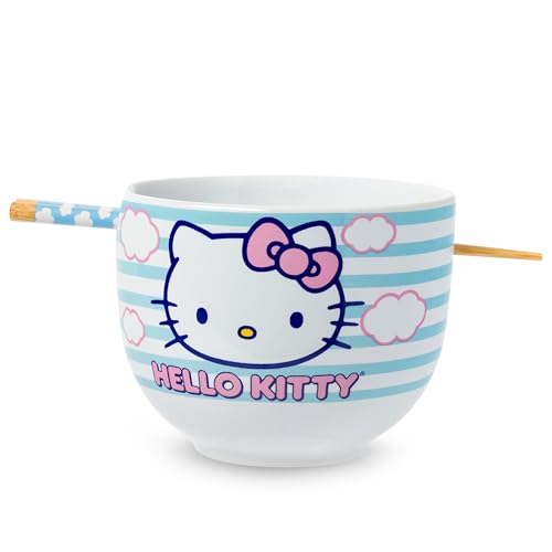 Silver Buffalo Hello Kitty Head in The Clouds 20 oz Ceramic Ramen Bowl with Chopsticks