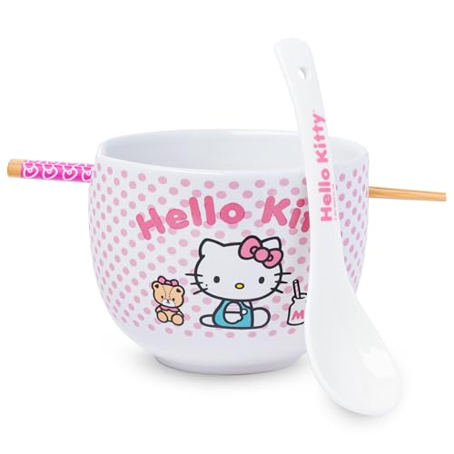 Silver Buffalo Sanrio Hello Kitty Pink Polka Dot Teddy and Strawberry Milk Ceramic Ramen Bowl, 20 oz