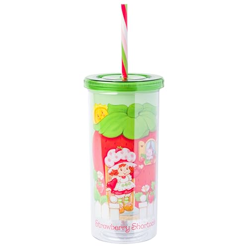 Silver Buffalo Strawberry Shortcake Strawberry House Plastic Tall Cold Cup with Lid and Straw, 20 oz