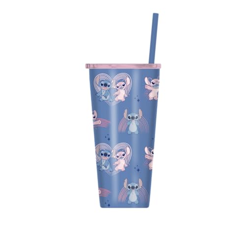 Silver Buffalo Disney Lilo & Stitch Angel Hearts Pattern 22 oz Double-Wall Stainless Steel Tumbler