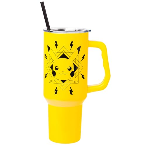 Silver Buffalo Pokémon Pikachu Lightning Bolts Badge Stainless Steel Tumbler, 40 oz