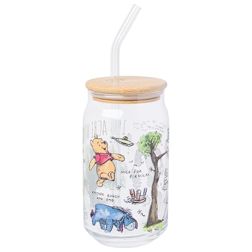 Silver Buffalo Disney Winnie the Pooh Glass Tumbler with Bamboo Lid, 16 oz