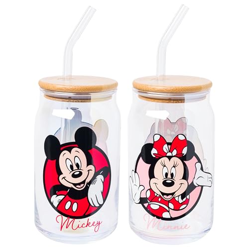 Silver Buffalo Disney Mickey & Minnie Iridescent Glass Tumbler Set with Bamboo Lids & Straws, 16 oz, 2-Pack