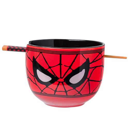 Silver Buffalo Marvel Avengers Spider-Man Face Closeup Ceramic Ramen Bowl with Chopsticks, 20 oz