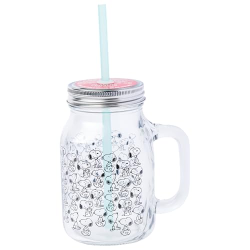 Silver Buffalo Peanuts Snoopy Glass Jar with Lid and Straw, 21 oz