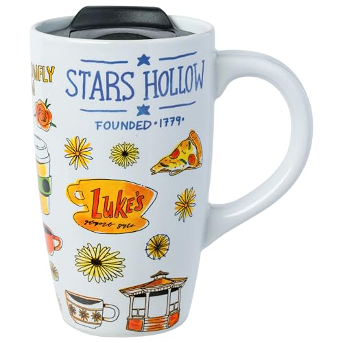 Silver Buffalo Gilmore Girls Iconic Icons Stars Hollow Luke's Diner Ceramic Travel Mug with Slide Close Lid and Handle, 16 oz