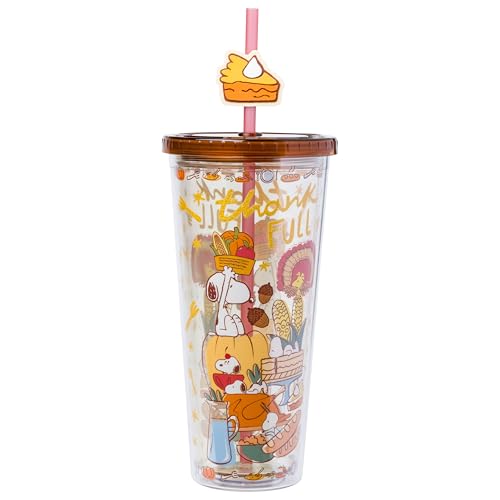 Silver Buffalo Peanuts Harvest 24 Thankful Gold Feast Glitter 24 oz Plastic Cold Cup w/Lid and Topper Straw
