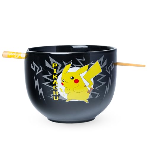 Silver Buffalo Pokémon Pikachu Ceramic Ramen Bowl w Chopsticks Black, 20 oz