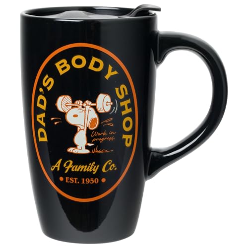 Silver Buffalo Peanuts Dads Body Shop, Ceramic Travel Mug, Lid, 16 oz