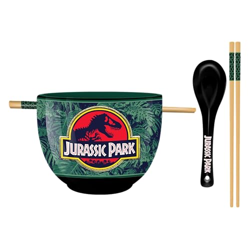 Silver Buffalo Jurassic Park Logo & Leaves Ceramic Ramen Bowl with Chopsticks & Spoon, 20 oz