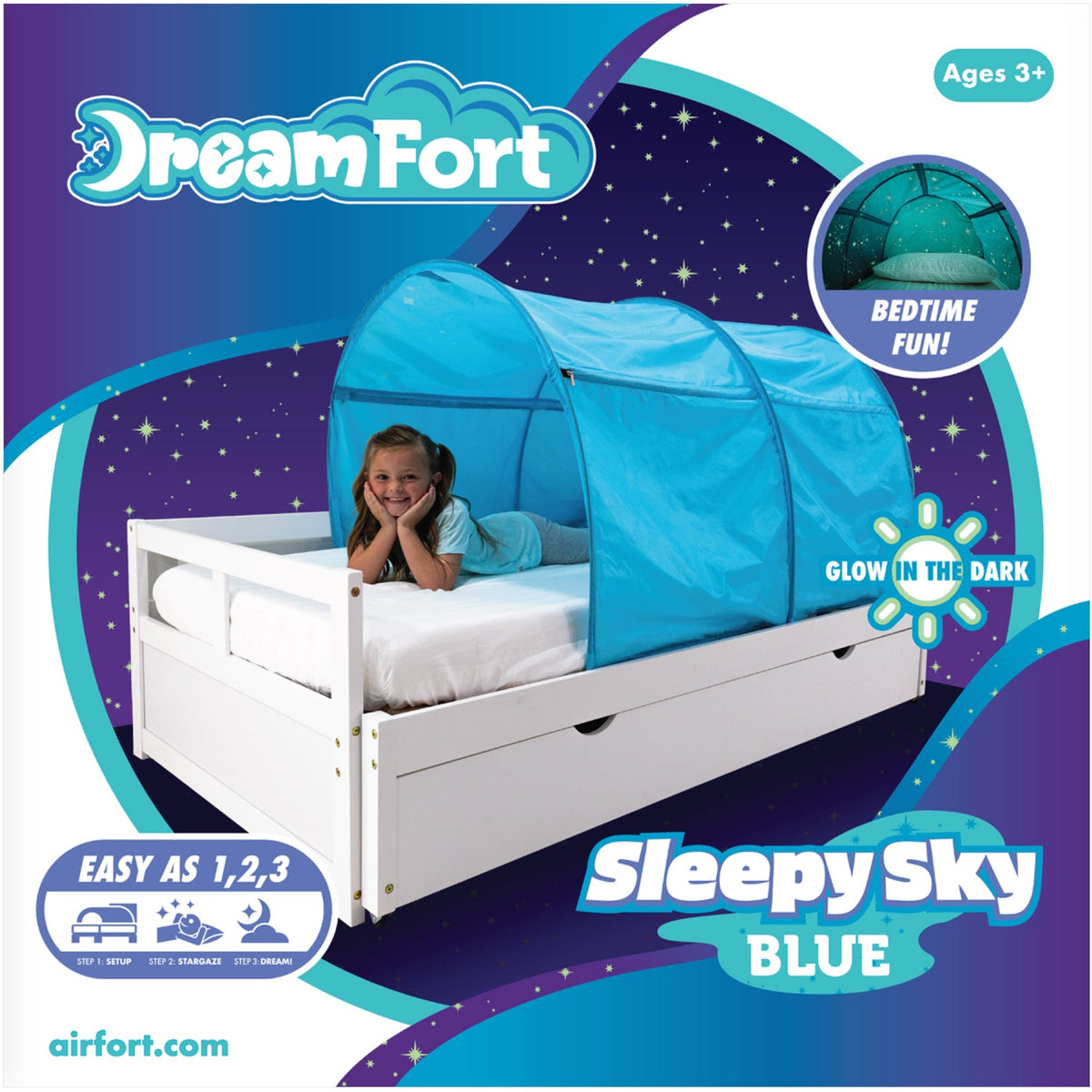 AirFort Original DreamFort Twin Bed Canopy, Sleepy Sky Blue, Glow-in-the-Dark Stars